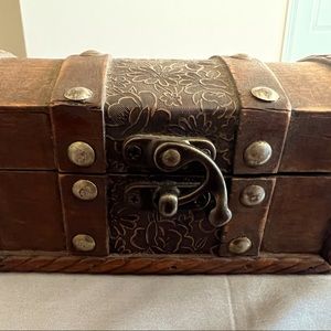 Antique, handmade wooden jewelry/trinket box with metal detail
